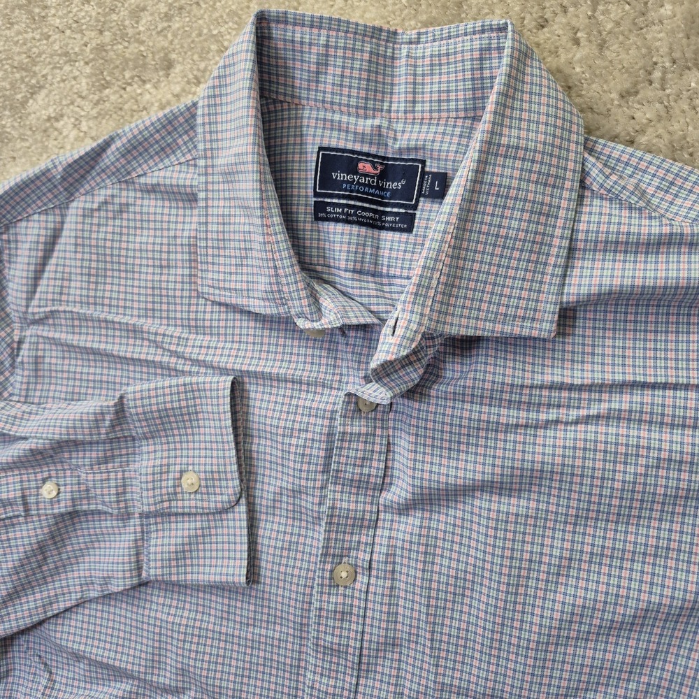 Vineyard Vines Shirt Mens L Blue Plaid Performance Button Up Cooper Slim Preppy
